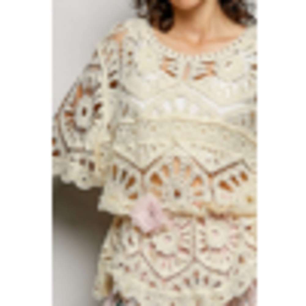 SMC270 CREAM Pol Round Neck Half Sleeve Crochet Top One Size - Picture 4 of 5